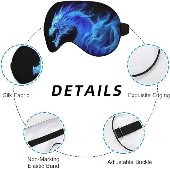Fiery Dragon Sleep Eye Mask Blue Dragon Black Silk Eye Mask Sleeping Soft Eye Shade Cover for Men Women Boy Girl Airplane Travel with Elastic Strap