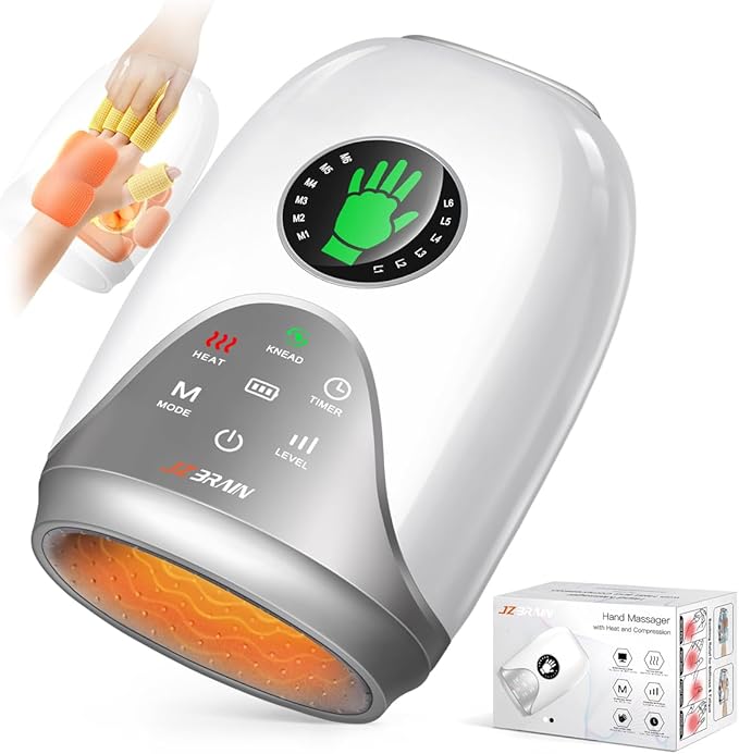 Hand Massager with Heat and Compression : Hand and Wrist Massager with Customizable Modes, Finger Stretch Function, Visual Display, Palm Roller - Daily Comfort for Women, Men, Home, Office Use,White