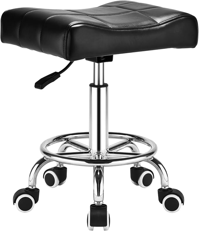 Square Salon Rolling Stool - 300lbs Weight Capacity，Adjustable Swivel Stool with Wheel，Pu Leahter Comfortable Cutting Stools for Salon Tattoo Stylist Massage Perfect for Work SPA (Black)