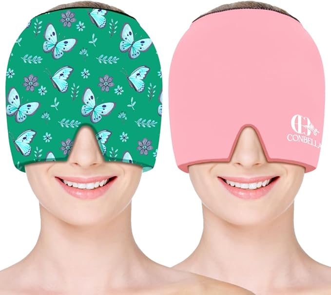 Migraine Relief Cap, Soothing Headache Ice Face Mask Products, Hot and Cold Therapy, Migraine Headache Relief Cap for Migraine, Sinus, Puffy Eyes, Tension, Stress and Hangover (Pink+Green)