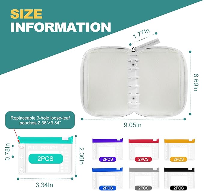 A7 Waterproof Pill Organizer with 14 S Zippered Pill Pouches for A7 Binder, Small BPA-Free Weekly Medicine Organizer, Color-Coded Reusable Travel Pill Storage System