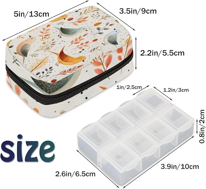 Cute Bird Print Travel Pill Organizer Bag Portable Weekly Pill Box Travel Medicine Organizer 7 Day Pill Case with Zipper for Daily Travel Family Business