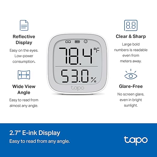 Tapo Smart Temperature and Humidity Monitor, 2.7" E-Ink Display, Swiss-Made Sensor, Real-Time Notification, Visual Graphics, Hub Required, White (T315)