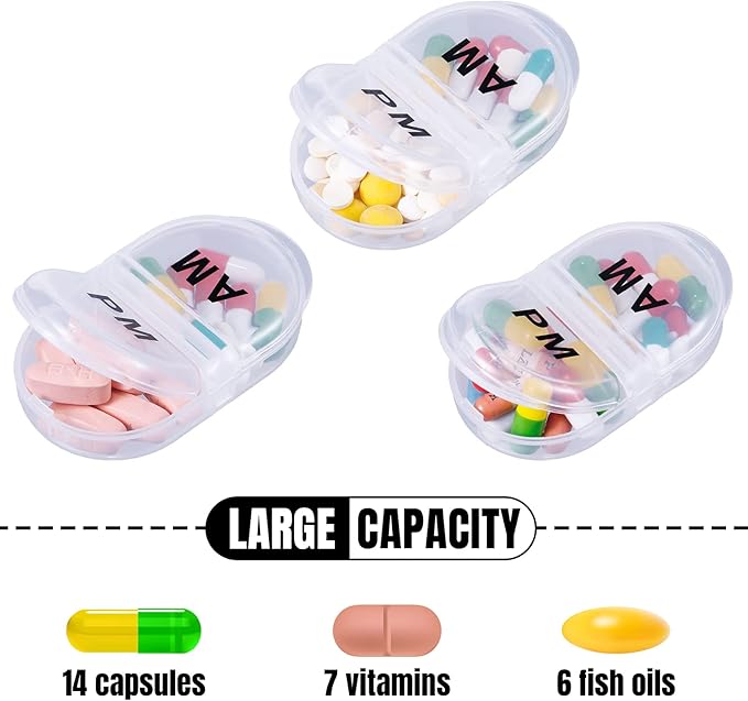 6 Pack Pill Organizer Pocket Small Case Holder Am Pm Pill Case Portable Two Compartment Round Travel 2 Times a Day for Vitamin Medication Supplement(Clear)
