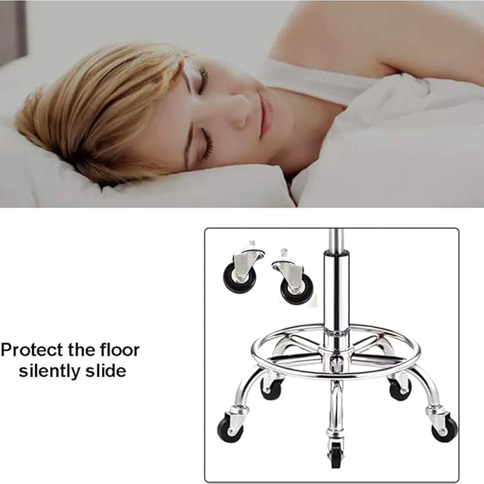 Heavy Duty Stainless Steel Stool for Work Bench, Adjustable Swivel Stool with 5 Wheels, 304 Stainless Steel Structure, Round Cushion, Load-Bearing 440 Ib