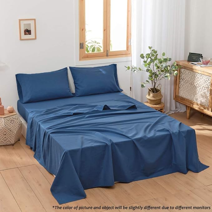 Simple&Opulence Belgian Linen Sheet Set Solid Color - 3 Pieces (1 Flat Sheet, 1 Fitted Sheet & 1 Pillowcase) Natural Flax Cotton Blend Soft Breathable Farmhouse Bedding - Twin Size, Classic Blue