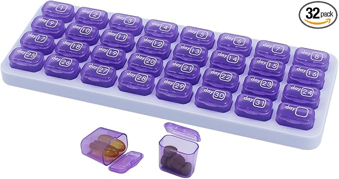 Monthly Pill Organizer, Large Travel Pill Box 31 Day, Daily Pill Case, Pill Holder Container for Vitamin, Medicine, Supplement, Fish Oil, Purple