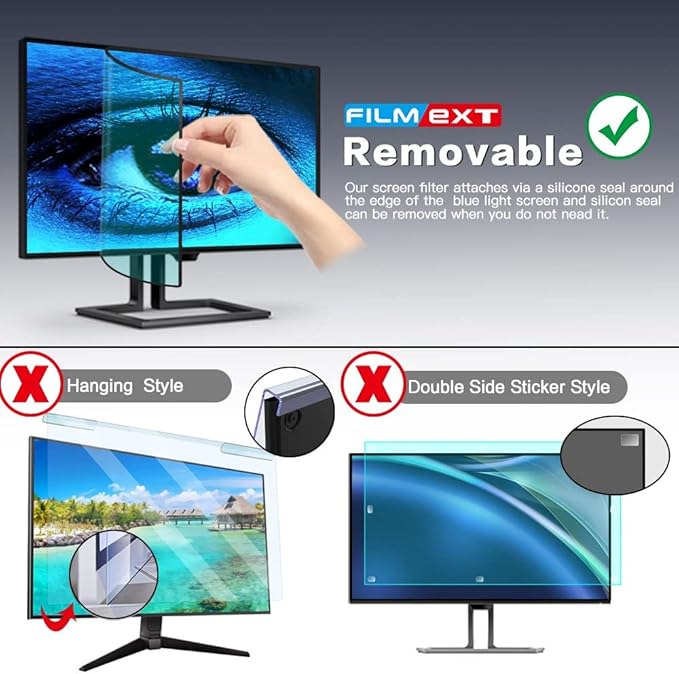 FILMEXT 2 Pack Removable 27 Inch Blue Light Screen Filter for Monitor 16:9 Frameless Monitor -Bubble Free High Clarity- Eye Protection Blue Light UV Blocking Protector for Thin Bezel Computer Monitor