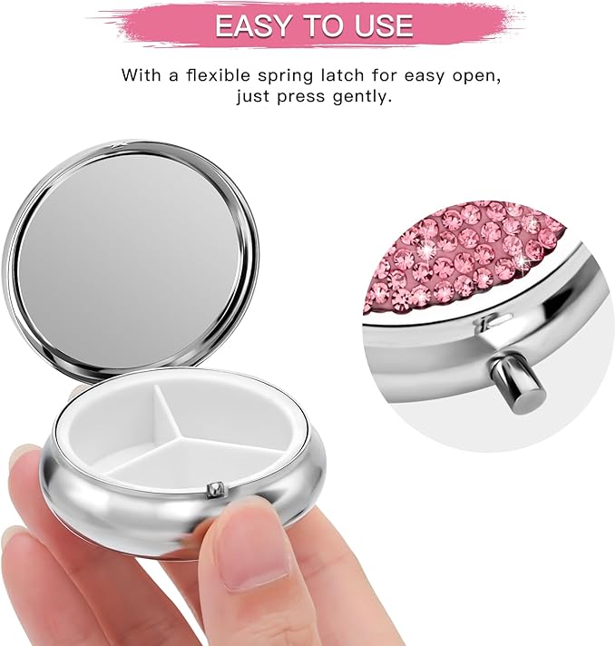 Soleebee Bling Crystal Pill Box, Portable 3 Compartments Daily Pill Organizer, Small Travel Pill Case for Purse or Pocket, Medicine Vitamin Pill Container Organizer (Pink)