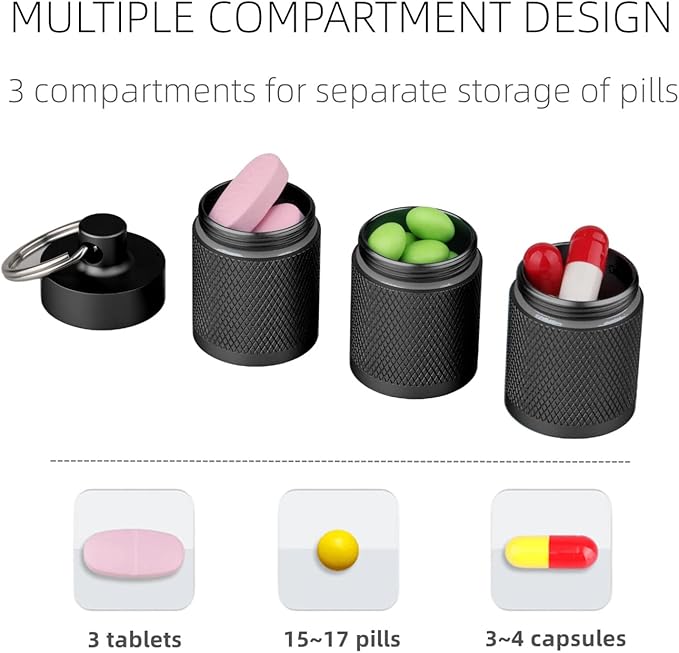 2 Pack Keychain Pill Holder, Black and Sliver