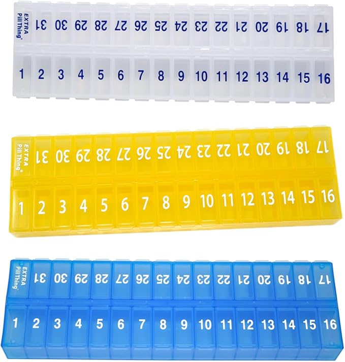31 Day Monthly Pill Organizer, Once-A-Day Medication Planner with Removable Lid, Large Compartments, 3 Color Set for Multiple People Or 3 Times-Daily Use (3X a Day - Yellow, Clear & Blue)