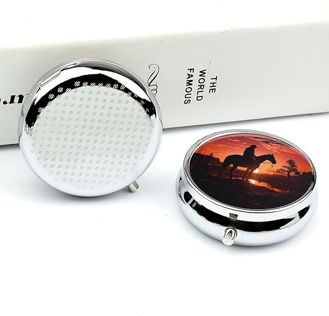 Round Metal Pill Box,Cowboy West Printed Travel Pill Organizer Portable Pill Container Small Pill Box for Purse and Pocket for Storing Vitamins, Medicines and Supplements