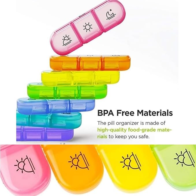Weekly Pill Organizer 7 Day 3 Times, Portable Pill Organizer, BPA Free Pill Case, Travel Daily Pill Box Reminder, Medication Organizer for Vitamins, Supplements (Black+7 Color)