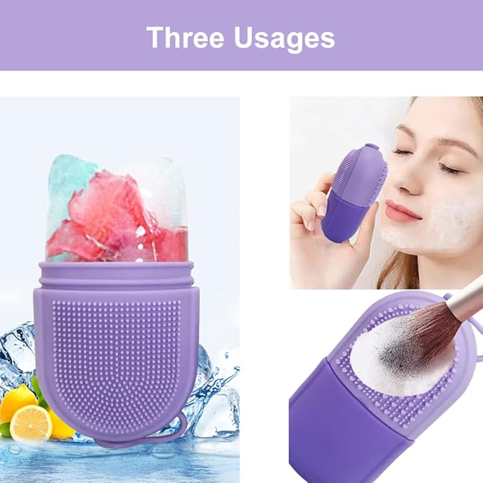 Reusable Cube Silicone Mold Ice Roller With Brush For Face Cold Therapy Facial Massage Roller (Purple)