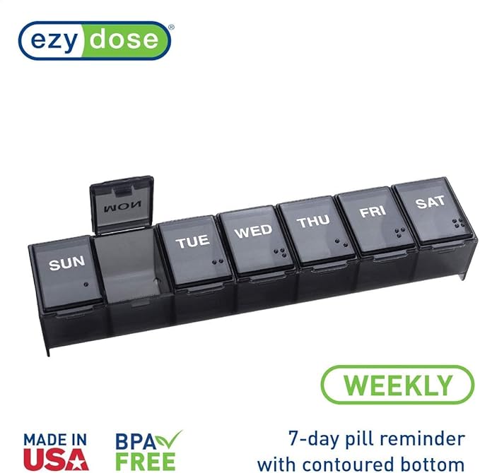 EZY DOSE Weekly 7-Day Pill Organizer, X-Large Vitamin and Medicine Box, Spacious Compartments for Pills and Supplements, Durable Black Design, Easy-Open Lids, Perfect for Home and Travel Use
