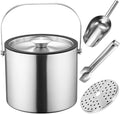 3L Double-Wall Insulated Ice Bucket with Lid, Ice shovel &Tongs and Strainer, Stainless Steel Ice Bath Tub with Silicone Sealed Lid for Wine, Ice Buckets for Parties, Wine Chiller, Light Sliver