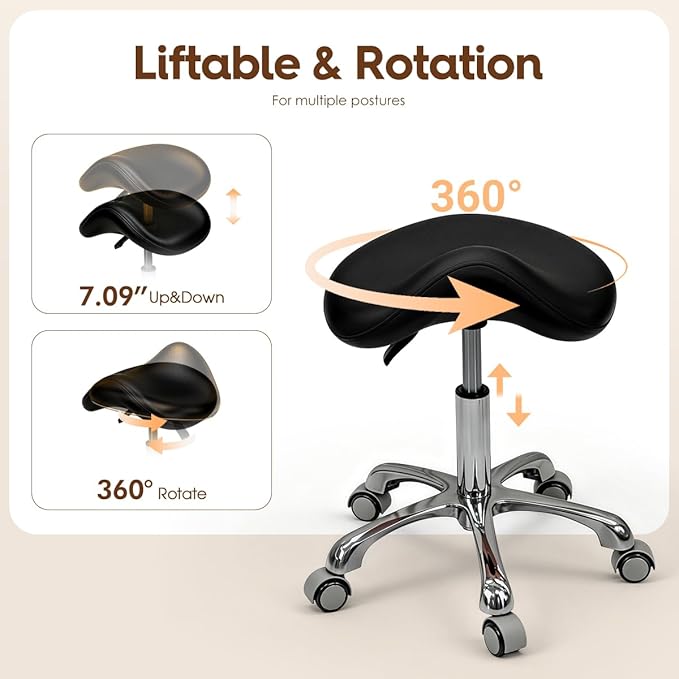 Saddle Stool Rolling Chair for Medical Massage Salon Kitchen Spa Drafting,Adjustable Hydraulic Stool with Wheels (Black, Without Backrest)