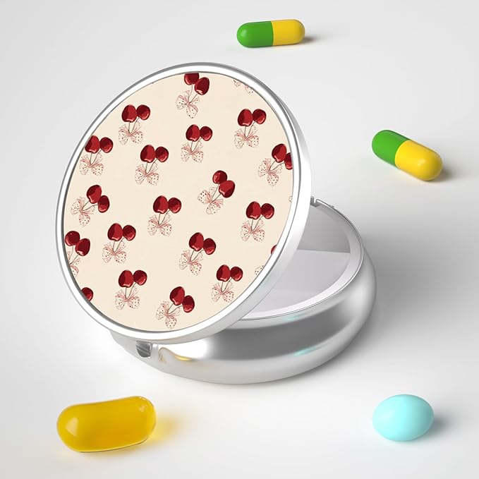 Pill Box, 3 Compartment Portable Travel Medicine Box with Mirror, Compact and Cute, Fits in Purse and Pocket, Medicine and Vitamin Organizer (Cherry)