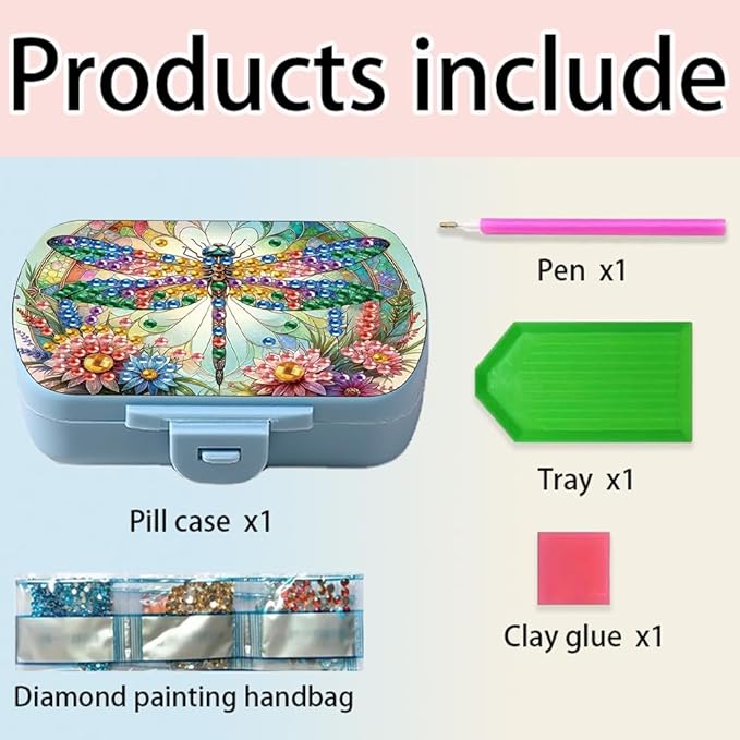 C'eitura DIY Flower Dragonfly Diamond Art Painting Blue Pill Organizer with 6 Lid Detachable Compartments, Fun DIY Craft Project for Adults, Elegant Pill Case for Purse & Travel