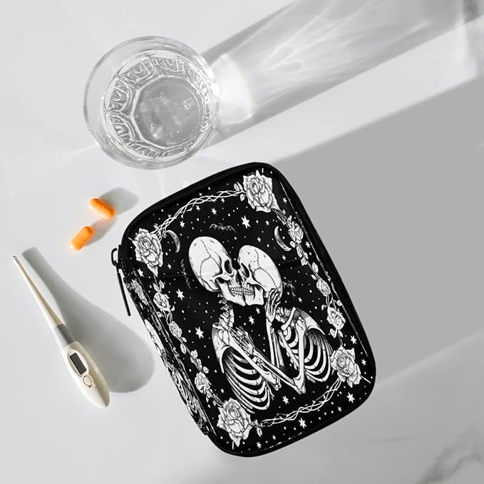 Black Romantic Skull Pill Case Travel Pill Organizer Weekly 7 Day Portable with Zipper Medicine Box Pill Case for Vitamins, Birth Control,Fish Oils,Medication, Supplements
