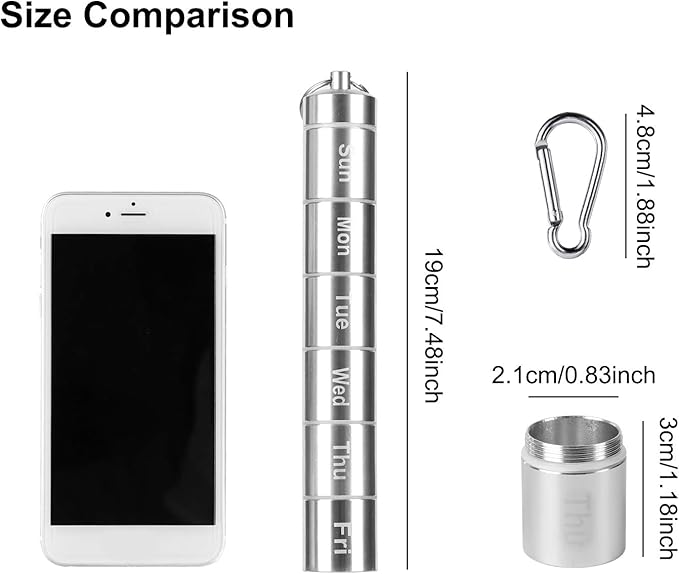 Weekly Pill Fob, Aluminum Alloy Waterproof Pill Cases Box Dispenser Travel Pill Box 7 Days Printed Pill Holer Container Medicine Organizer with Key Chian & Buckle for Travel Camping Rely2016 (1)