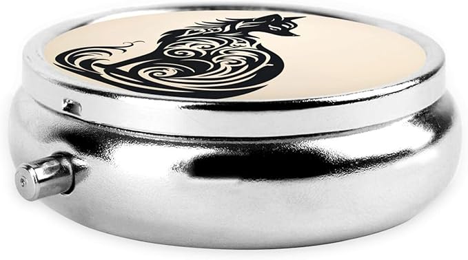Nordic Art Tattoo Fox Pill Box 3 Compartment Pill Case, Portable Medicine Pill Organizer for Pocket Purse Pill Box Decorative Metal Medicine Vitamin Organizer
