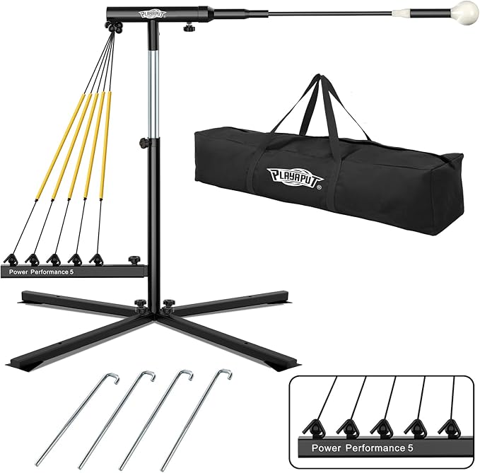 Baseball Softball Swing Trainer with 5 Power Bands,Auto Reset Baseball Training Equipment,Baseball Hitting Trainer,Height Adjustable 31-47 inches Softball Swing Trainer Improve Power,Speed