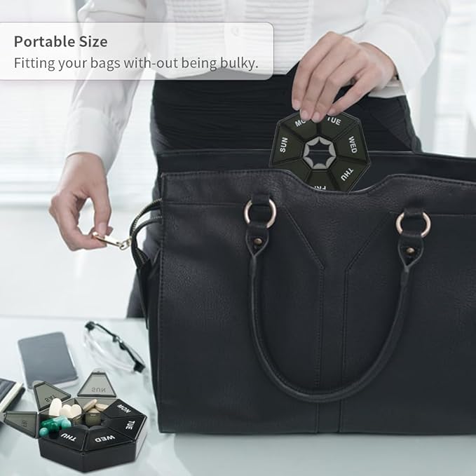 Pill Organizer, 2 Pack Pill Box, Small Medicine Case,Medicine Organizer 1 Time a Day, Weekly Pills Organizers, Medicine Container, Pills Holder, Daily Organizers Travel 7 Day(Black&Green)