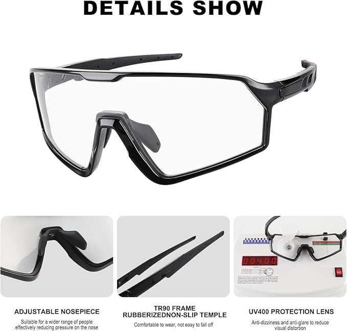 BangLong Photochromic Cycling glasses for Men Women, Clear Running MTB Sunglasses UV Protection