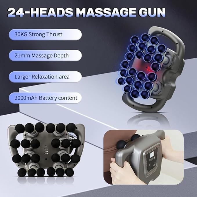 24 Head Massage Gun Set, Deep Tissue Percussion Massager with 9 Modes 99 Speeds, Portable Muscle Gun for Neck, Shoulder, Back, Leg & Body Pain Relief, Gray