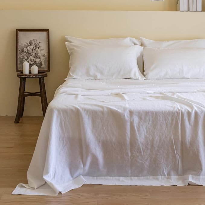 Simple&Opulence Belgian Linen Sheet Set Solid Color - 6 Pieces (1 Flat Sheet & 1 Fitted Sheet & 4 Pillowcases) 16" Deep Pocket Natural Flax Cotton Blended Soft Bedding - White, Queen Size
