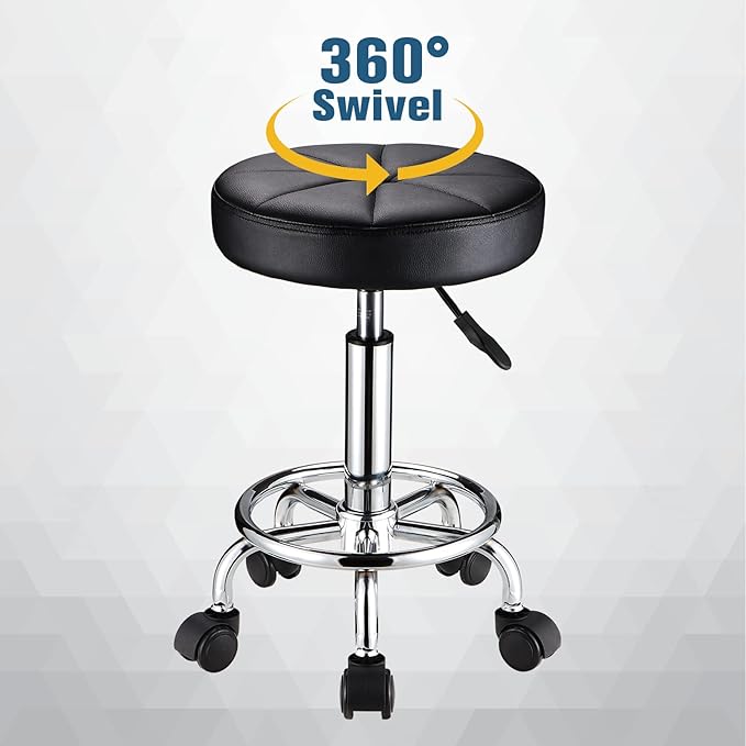 Round Rolling Stool with Wheels Height Adjustable Swivel Stool Chair for Spa Salon Massage Black