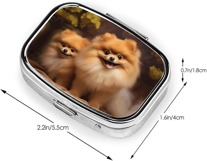 Square Pill Box 2 Compartment Medicine Pill Case Yellow Pomeranian Pill Box for Purse Pocket Waterproof Metal Pill Container Portable Pill Holder Mini Pill Organizer for Travel or Daily