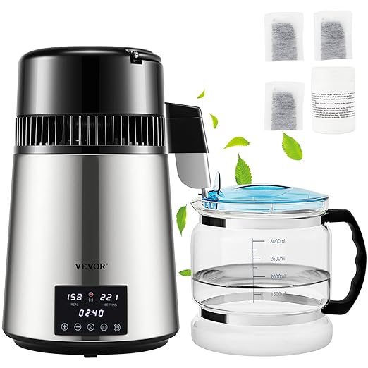 VEVOR 1.1Gal Water Distiller, 0.4Gal/H, Distilled Water Maker Machine 1750W 0-99H Timing Dual Temp Display, 304 Stainless Steel Countertop Distiller Glass Carafe Cleaning Powder 3 Carbon Packs, Silver
