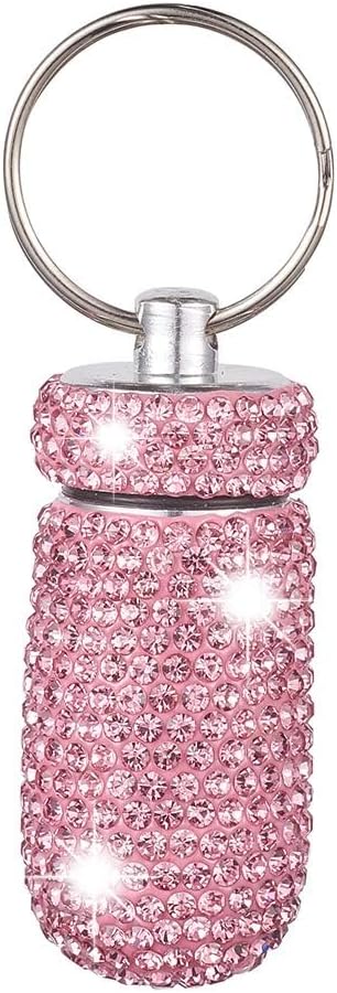 XhuangTech Waterproof Keychain Pill Box Bling Round Medicine Organizer Holder Container Aluminum Portable Mini Bottle Storage Case for Outdoor Travel Camping Purse Pocket (Pink)