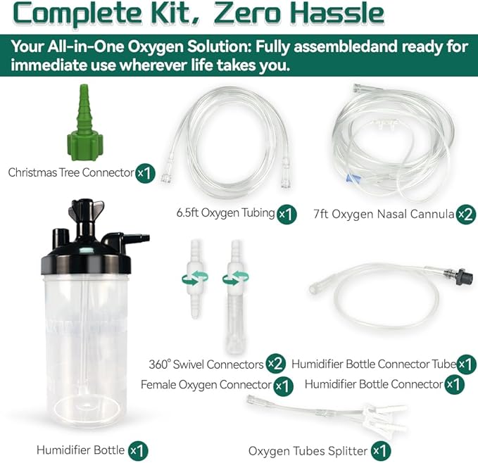 Oxygen Humidifier Bottle Set, Complete Kit with Oxygen Tubing, Oxygen Tubes Splitter & Connectors for Direct Installation, Easy Install for Home & Travel Use, 11PCS