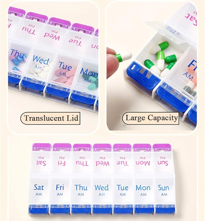 Daily Pill Case Organizer, 7-Day Weekly Medicine Planner Organizer, AM PM, Large Tray 14-Compartment Meds Box Container Holder for Medication, Vitamin, Supplement, Fish Oil, Purple + Blue