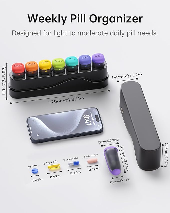 Weekly Pill Organizer 1 Time a Day, Detachable Pill Box 7 Day, Travel Pill Case, Once Daily Medication Dispenser, Week Pill Holder Container for Vitamin, Medicine, Supplement, Pillbox, Black