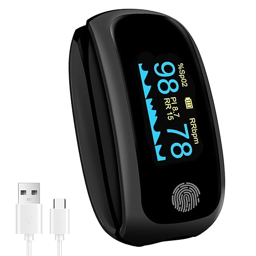 Rechargeable pulse oximeter with respiration, with O2 Pulse Rate PI RR Respiratory Accurate Reliable Oximeter SpO2 Reading Not for medical use Black