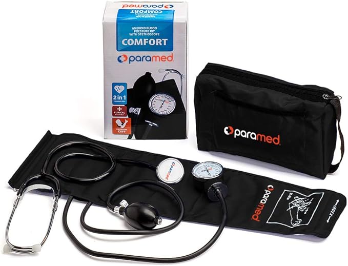 PARAMED Aneroid Sphygmomanometer with Stethoscope – Manual Blood Pressure Cuff with Universal Cuff 8.7-16.5" and D-Ring – Carrying Case in The kit – Black