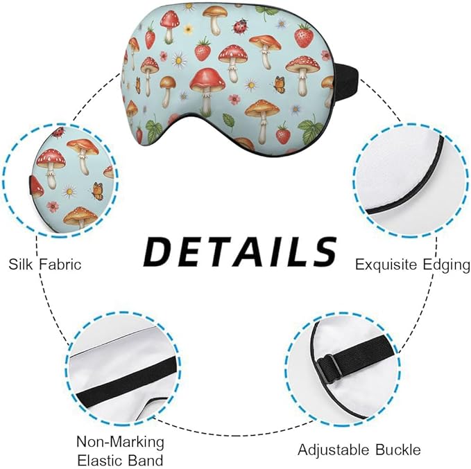 Mushrooms Silk Eye Mask Sleep Mask Summer Flowers Strawberry Butterfly Berries Eye Mask with Adjustable Strap Lightweight for Women Work Travel Night Sleep