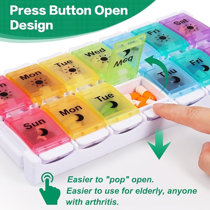 Shintop Am Pm Pill Organizer 7 Day, Push Button Weekly Pill Box 2 Times a Day Easy Fill Pill Holder Day Night Vitamin Case for Medications Fish Oil Supplements (Rainbow)