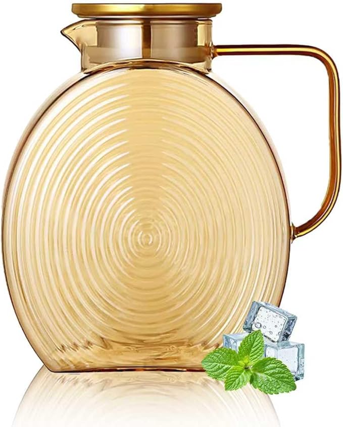 77oz Large Glass Water Pitcher with Gold Lid for Fridge Wide Handle Coffee Carafe for Party Water Jug Lemonade Iced Tea Jug Juice Sun Tea Jar for Drinks 2.2L