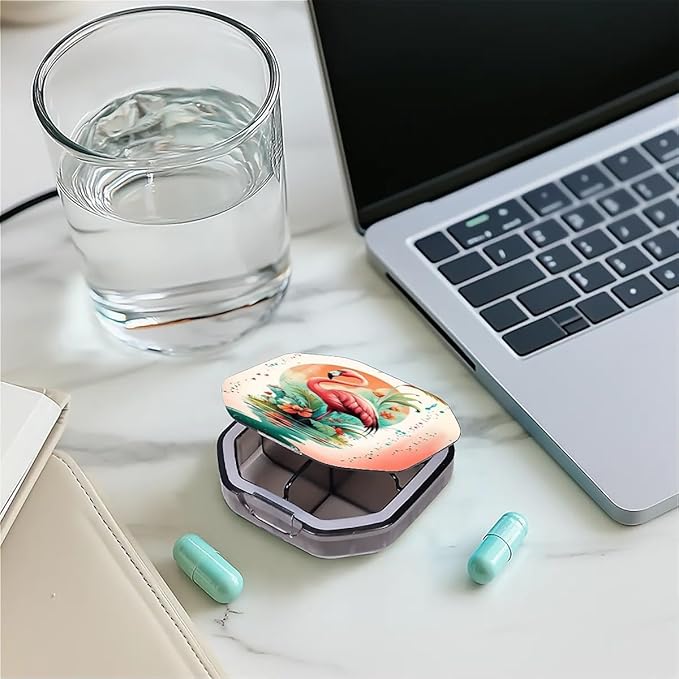 This Portable Flamingo Flower Pattern 4 Compartment Pill Box Can Be Placed in A Pocket Or Wallet to Store Vitamins, Medicines Health Supplements Other Medications.