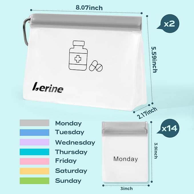 Lerine Reusable Pill Pouch Set, 14 Pill Pouch Bags for Travel, BPA Free Medicine Organizer with Labels, Self Sealing Small Baggies for Daily Vitamin, Supplement Storage
