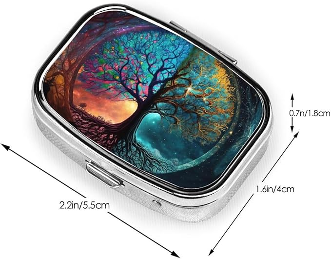 Magic Fantasy Tree Art Print Square Metal Pill Box with 2 Compartment for Pocket or Purse Travel Bag Small Size 2.2 inche