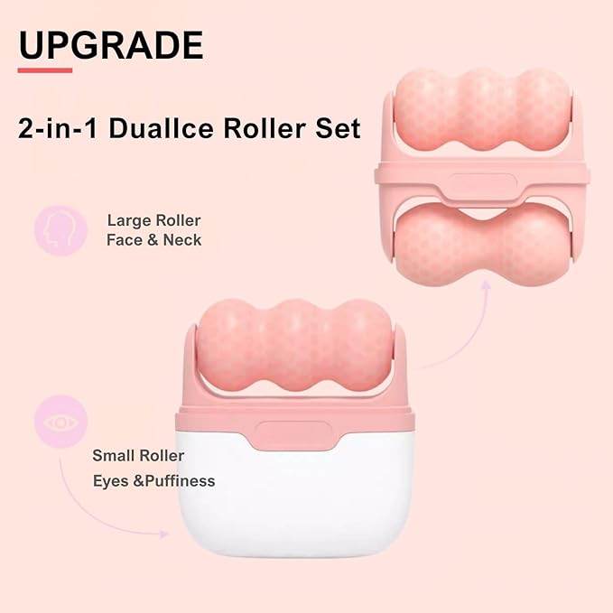 Ice Roller for Face Women 2 in 1 Face & Eye Cooling Massage Roller for Puffiness, Skin Tightening & Migraine Relief – Reusable, Portable Tool (Pink)