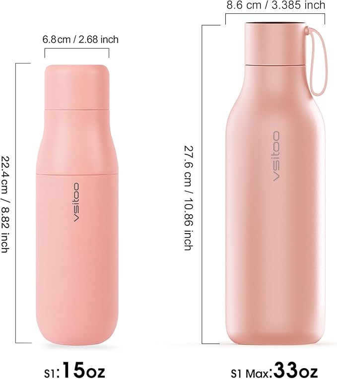 VSITOO 14.8oz Mini Smart Self-Cleaning Water Bottle，Small Insulated Stainless Steel Thermoses with AI Self-Clean, 30-Day Battery & Magnetic Charging for Travel, Gym, Office or Purse, Pink