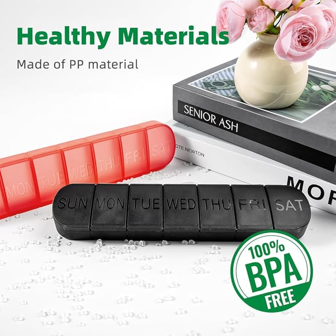 2 PCS Weekly Pill Organiser 1 Times a Day, Arthritis Friendly Travel Pill Case, BPA-Free Pill Box 7 Day, Large Compartments to Hold Vitamins Supplements Medicine (Black)