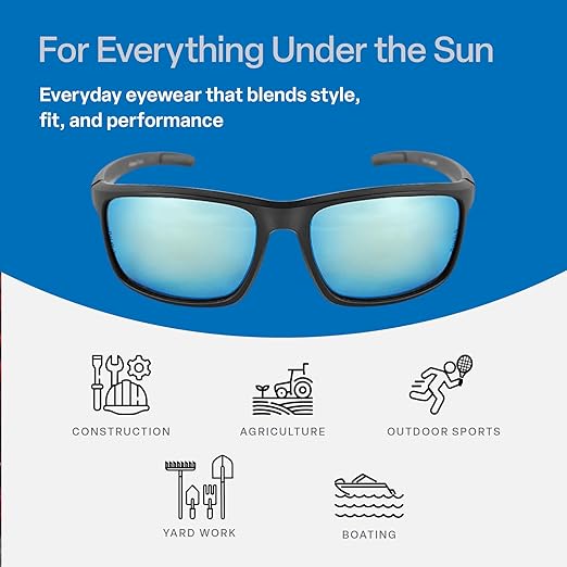 Bullhead Safety Eyewear Pompano Glasses - Anti-Fog, Lightweight, Impact/Scratch Resistant, Polarized Sunglasses for Cycling, Fishing, Driving, Ice Blue/Matte Black